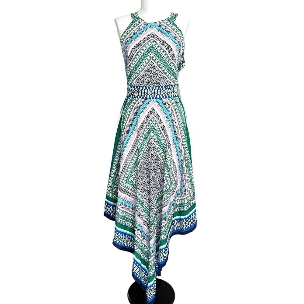 NWT Eliza J handkerchief Halter Maxi dress sz 8 asymmetrical Scarf Print